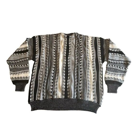 XL Men CAMPUS Black Gray White 3D Cable Knit Rare Vintage 80s Crew Neck Sweater - Picture 2 of 4